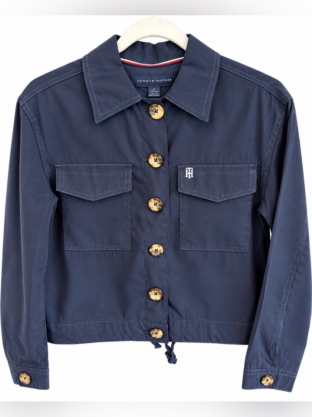Tommy Hilfiger Women’s XS Navy Cropped Utility Jacket Shacket TH Logo Button